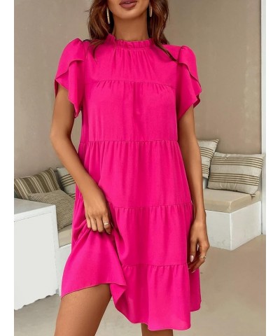 Women's Tie Back Petal Sleeve Mock Neck Ruffle Hem A Line Swing Smock Dress Hot Pink $21.19 Dresses