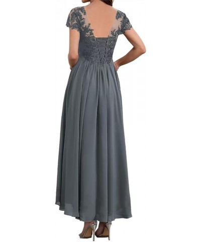 Mother of The Bride Dresses Tea Length Lace Appliques Chiffon Short Sleeve V Neck Formal Evening Dresses for Women Champagne ...