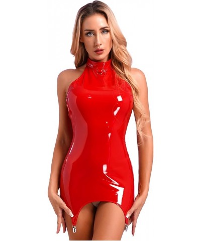 Women Shiny Leather Dress Hollow Out Lace Up Bodycon Party Night Club Latex Dresses 5red I $8.03 Dresses