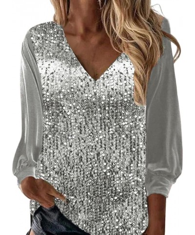 Women's Christmas Plus Size Sequin Top Christmas Evening Party Xmas Holiday Tunic Tops Ladies Sparkly Blouses 2024 Y2-silver ...