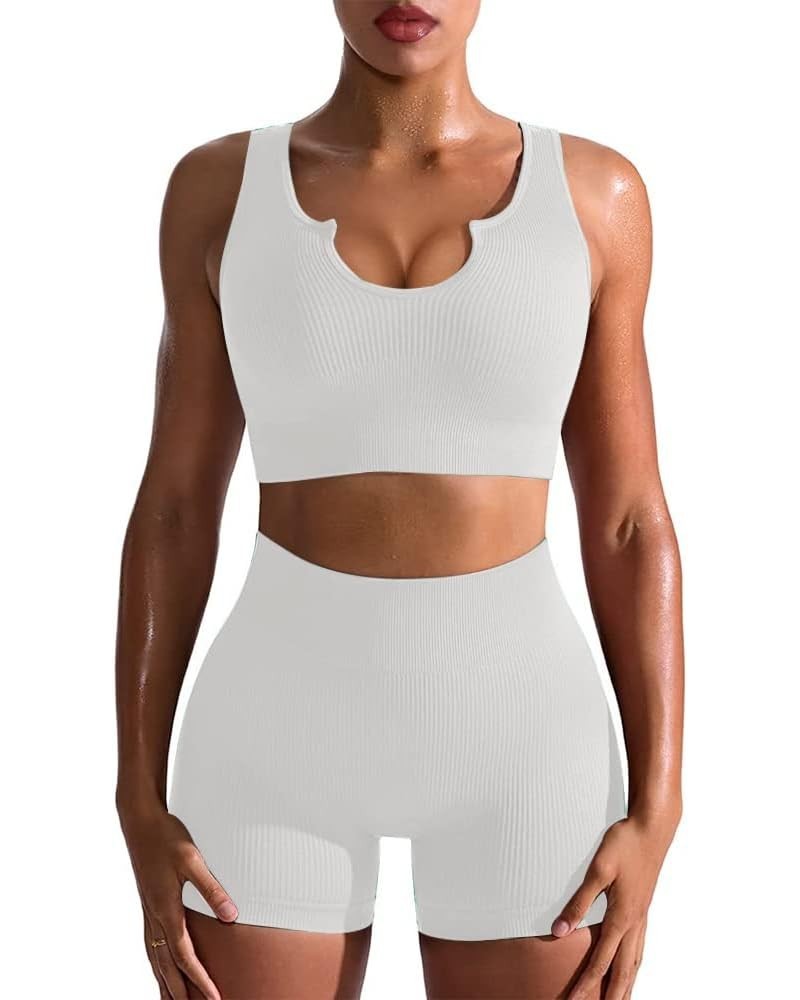 Workout Sets for Women 2 Piece Seamless Ribbed Sports Bra High Waist Yoga Shorts Outfits 0 Beige $18.23 Activewear