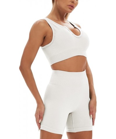 Workout Sets for Women 2 Piece Seamless Ribbed Sports Bra High Waist Yoga Shorts Outfits 0 Beige $18.23 Activewear