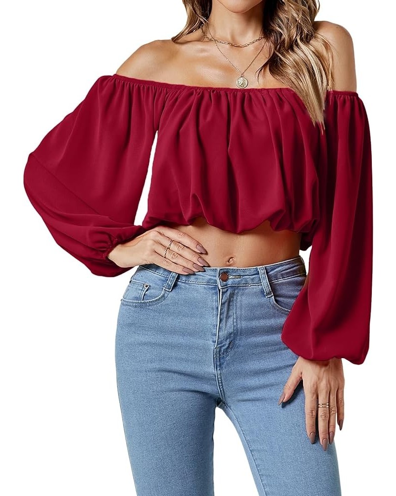 Women's Casual Off Shoulder Ruched Lantern Long Sleeve Crop Top Blouse Shirt Wine Red $16.95 Blouses