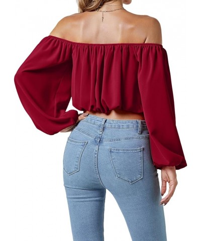 Women's Casual Off Shoulder Ruched Lantern Long Sleeve Crop Top Blouse Shirt Wine Red $16.95 Blouses