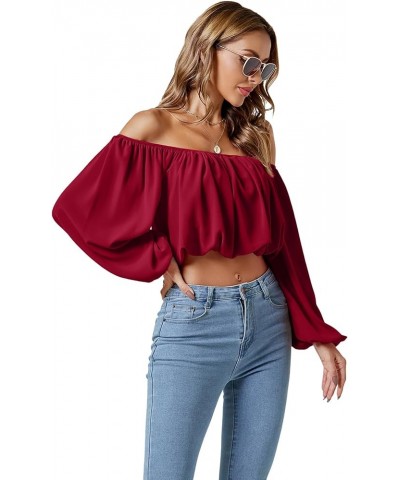 Women's Casual Off Shoulder Ruched Lantern Long Sleeve Crop Top Blouse Shirt Wine Red $16.95 Blouses