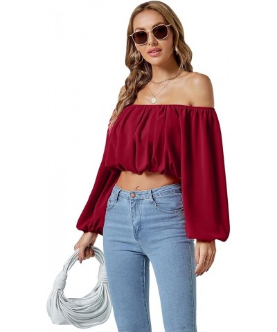 Women's Casual Off Shoulder Ruched Lantern Long Sleeve Crop Top Blouse Shirt Wine Red $16.95 Blouses