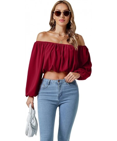 Women's Casual Off Shoulder Ruched Lantern Long Sleeve Crop Top Blouse Shirt Wine Red $16.95 Blouses