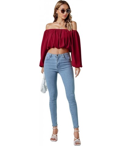 Women's Casual Off Shoulder Ruched Lantern Long Sleeve Crop Top Blouse Shirt Wine Red $16.95 Blouses