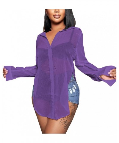 Women's Sexy Sheer Collar V Neck Side Slit Long Sleeve Button Shirt Blouse Top Purple $17.15 Blouses