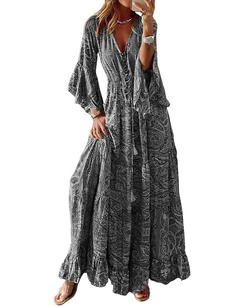 Womens Boho Floral Printed Long Bell Sleeve Maxi Dress Flowy Casual Button V Neck Long Dresses Plus Size Boho Grey $17.84 Dre...