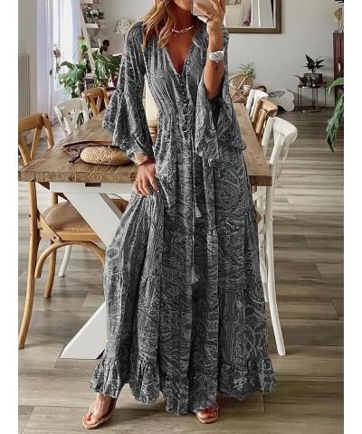 Womens Boho Floral Printed Long Bell Sleeve Maxi Dress Flowy Casual Button V Neck Long Dresses Plus Size Boho Grey $17.84 Dre...