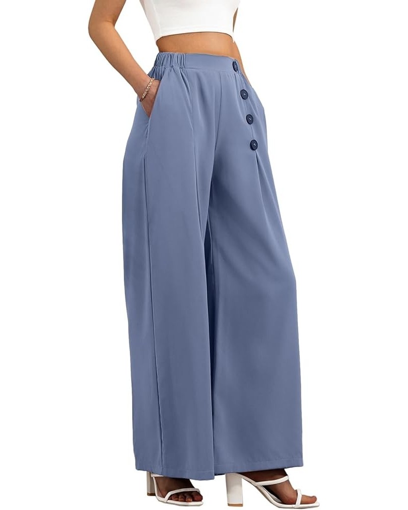 Women's Wide Leg Casual Pants Elastic High Waist Button Decor Palazzo Loose Lounge Business Trousers with Pockets Blue $20.29...