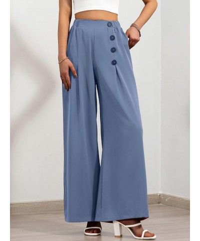 Women's Wide Leg Casual Pants Elastic High Waist Button Decor Palazzo Loose Lounge Business Trousers with Pockets Blue $20.29...