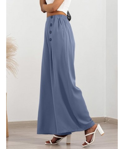 Women's Wide Leg Casual Pants Elastic High Waist Button Decor Palazzo Loose Lounge Business Trousers with Pockets Blue $20.29...