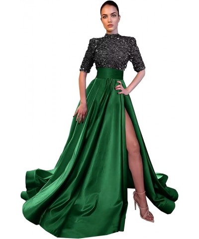 Sparkly Sequin Prom Dresses for Women Slit 2024 Half Sleeve Satin Long Ball Gown Formal Evening Gowns Black Emerald Green $41...