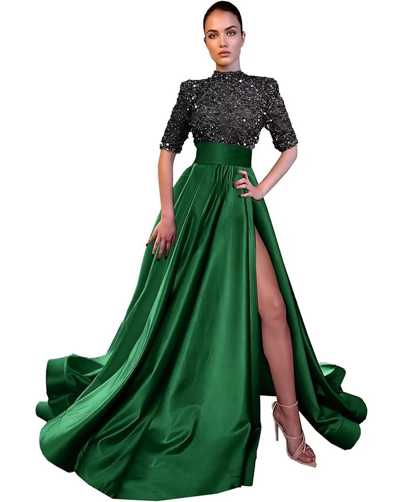 Sparkly Sequin Prom Dresses for Women Slit 2024 Half Sleeve Satin Long Ball Gown Formal Evening Gowns Black Emerald Green $41...