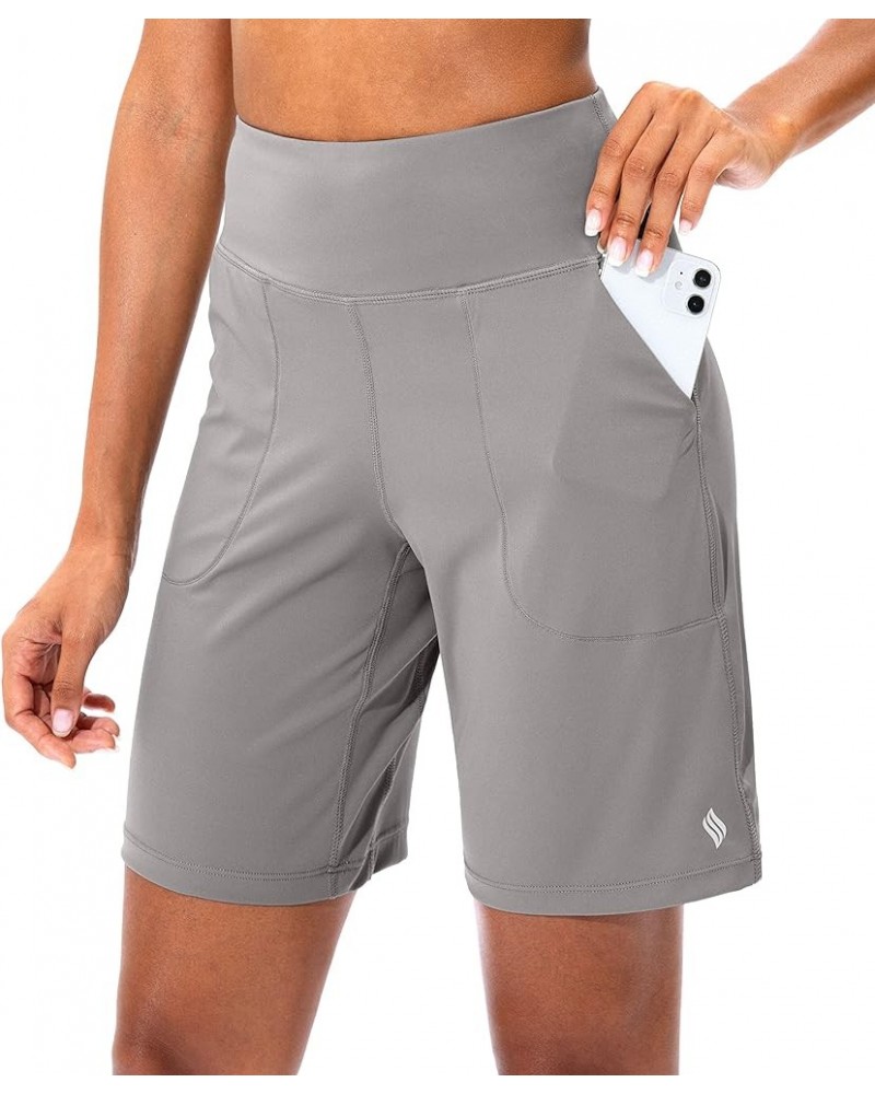 Bermuda Shorts for Women with Zipper Pocket Womens High Waisted Long Shorts for Running Workout Athletic Light Grey $15.68 Ac...