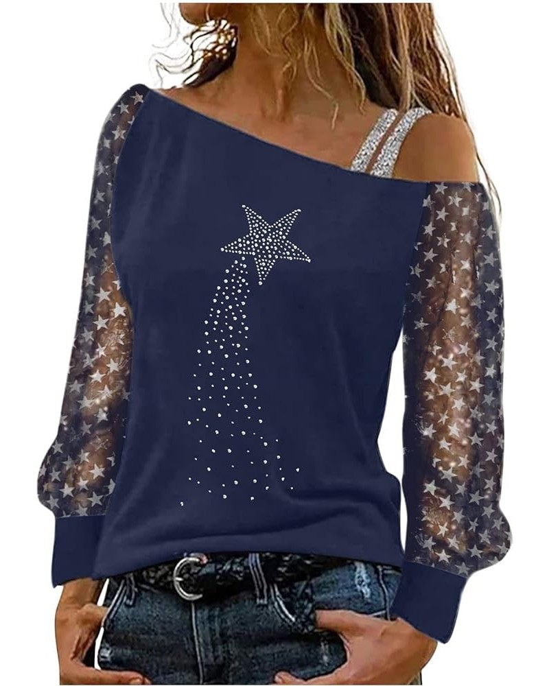 Off Shoulder Tops for Women Trendy Shiny Sequin Strap Heart Stars Print W18_navy $8.39 Blouses