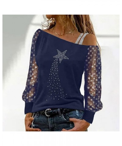 Off Shoulder Tops for Women Trendy Shiny Sequin Strap Heart Stars Print W18_navy $8.39 Blouses