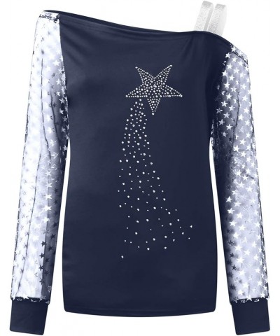 Off Shoulder Tops for Women Trendy Shiny Sequin Strap Heart Stars Print W18_navy $8.39 Blouses