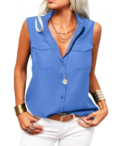 Women's Solid Lapel Sleeveless Tank Tops Summer Button Down Shirts Office Ladies Shirts Blue $13.43 Tanks