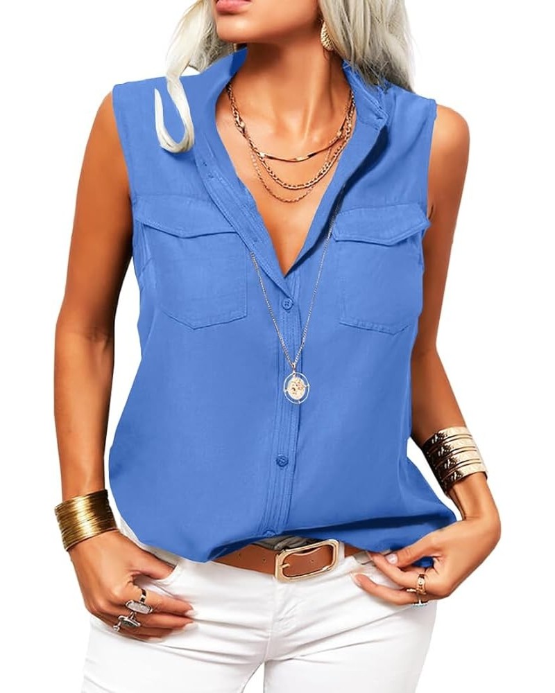 Women's Solid Lapel Sleeveless Tank Tops Summer Button Down Shirts Office Ladies Shirts Blue $13.43 Tanks