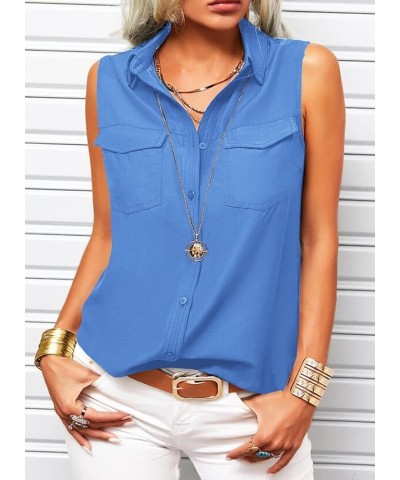 Women's Solid Lapel Sleeveless Tank Tops Summer Button Down Shirts Office Ladies Shirts Blue $13.43 Tanks