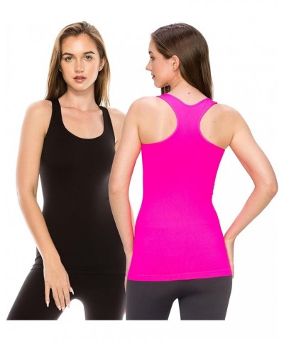 Seamless Supersoft Racerback Tank, UV Protective Fabric UPF 50+ (Made with Love in The USA) Black/Neon Fuschia Set $16.66 Tanks