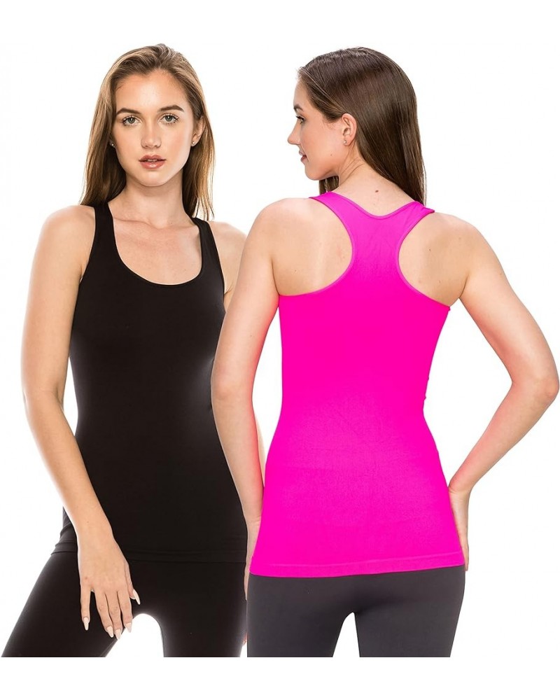 Seamless Supersoft Racerback Tank, UV Protective Fabric UPF 50+ (Made with Love in The USA) Black/Neon Fuschia Set $16.66 Tanks