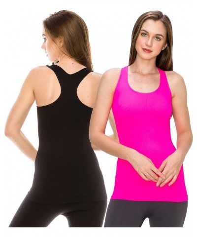 Seamless Supersoft Racerback Tank, UV Protective Fabric UPF 50+ (Made with Love in The USA) Black/Neon Fuschia Set $16.66 Tanks