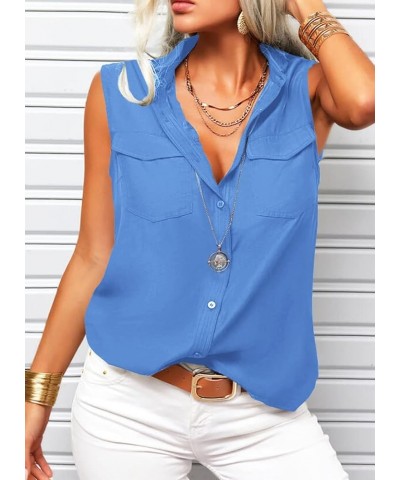 Women's Solid Lapel Sleeveless Tank Tops Summer Button Down Shirts Office Ladies Shirts Blue $13.43 Tanks