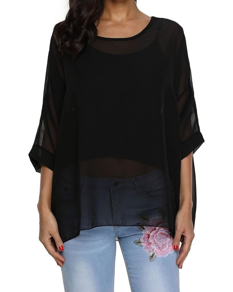 Women Chiffon Blouse Floral Batwing Sleeve Beach Cover Loose Tunic Shirt Tops Black $9.24 Blouses