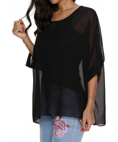 Women Chiffon Blouse Floral Batwing Sleeve Beach Cover Loose Tunic Shirt Tops Black $9.24 Blouses