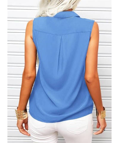 Women's Solid Lapel Sleeveless Tank Tops Summer Button Down Shirts Office Ladies Shirts Blue $13.43 Tanks