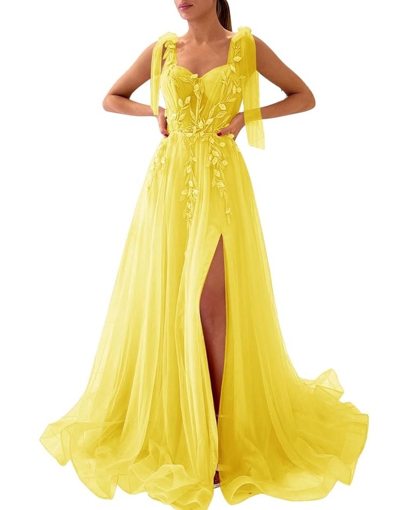 Lace Appliques Prom Dresses Long Ball Gown with Slit Tulle Sweetheart Evening Party Gowns Yellow $30.00 Dresses