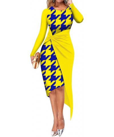 Women's Business Pencil Dress Floral Colorblock Twist Front Wrap Asymmetrical Bodycon Midi Dresses Long Sleeve-yellow Houndst...