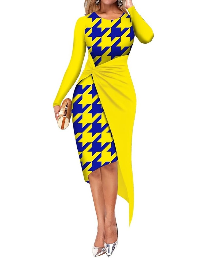 Women's Business Pencil Dress Floral Colorblock Twist Front Wrap Asymmetrical Bodycon Midi Dresses Long Sleeve-yellow Houndst...