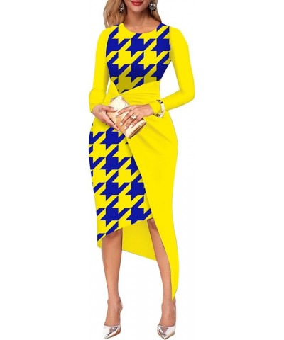 Women's Business Pencil Dress Floral Colorblock Twist Front Wrap Asymmetrical Bodycon Midi Dresses Long Sleeve-yellow Houndst...