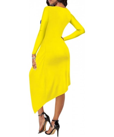 Women's Business Pencil Dress Floral Colorblock Twist Front Wrap Asymmetrical Bodycon Midi Dresses Long Sleeve-yellow Houndst...