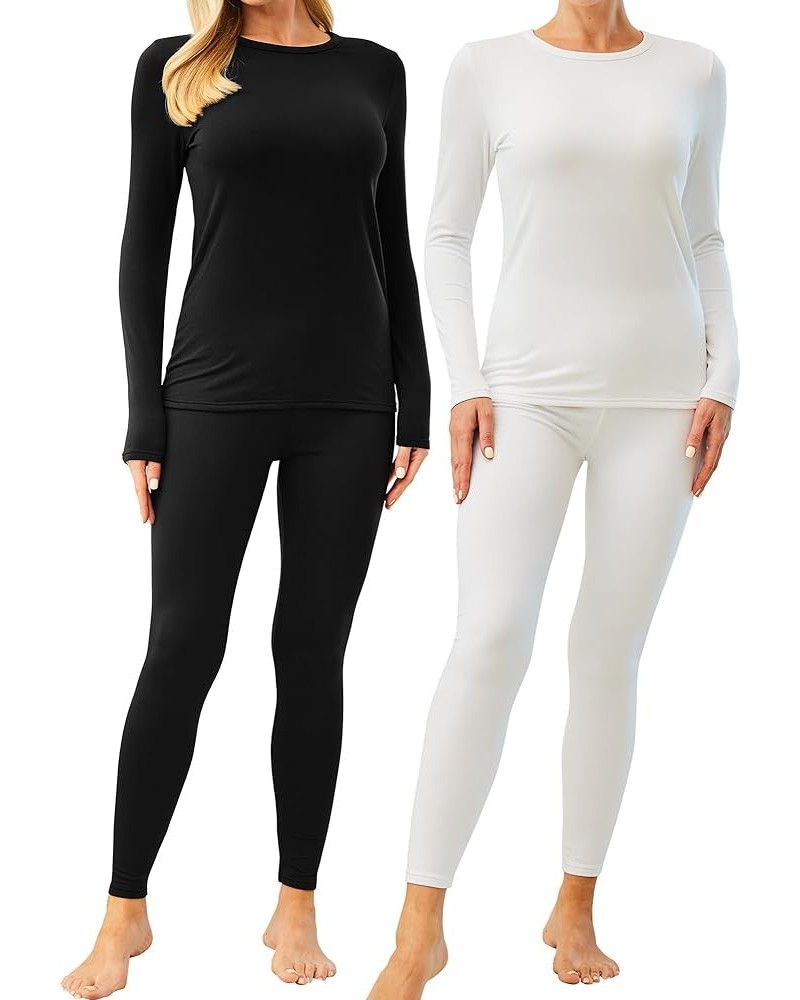 2 Pack Thermal Underwear for Women, Ultra Soft Fleece Lined Long Johns, Warm Base Layer Set for Cold Weather Crew Neck - Blac...