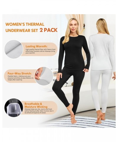 2 Pack Thermal Underwear for Women, Ultra Soft Fleece Lined Long Johns, Warm Base Layer Set for Cold Weather Crew Neck - Blac...