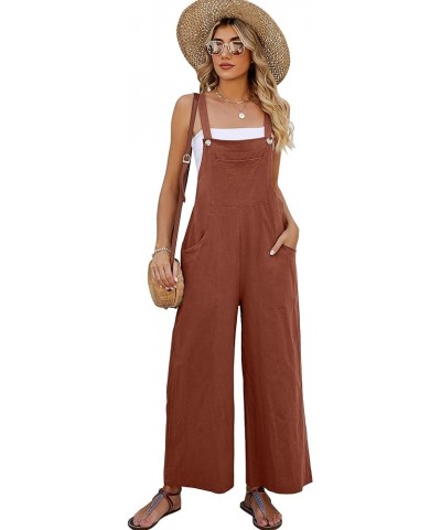 Women's Cotton Bib Overalls Wide Leg Loose Fit Jumpsuit Baggy Fashion Sleeveless Rompers Brickred $17.59 Overalls