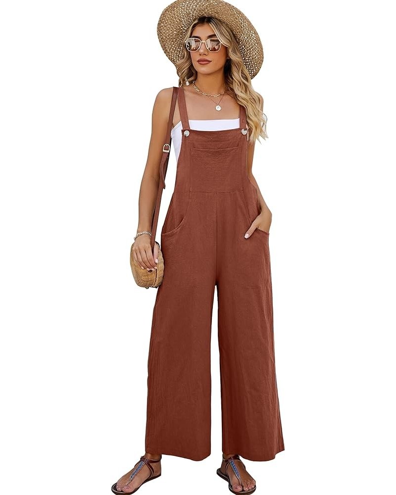 Women's Cotton Bib Overalls Wide Leg Loose Fit Jumpsuit Baggy Fashion Sleeveless Rompers Brickred $17.59 Overalls