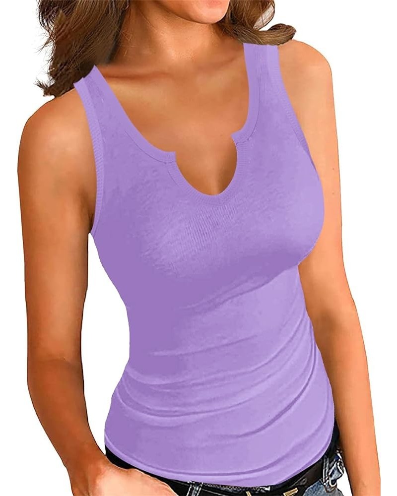 Women Tank Tops Summer Sleeveless Basic Cami Top Shirt Slim Knit Ribbed Racerback Blouses J-purple $10.59 Tanks