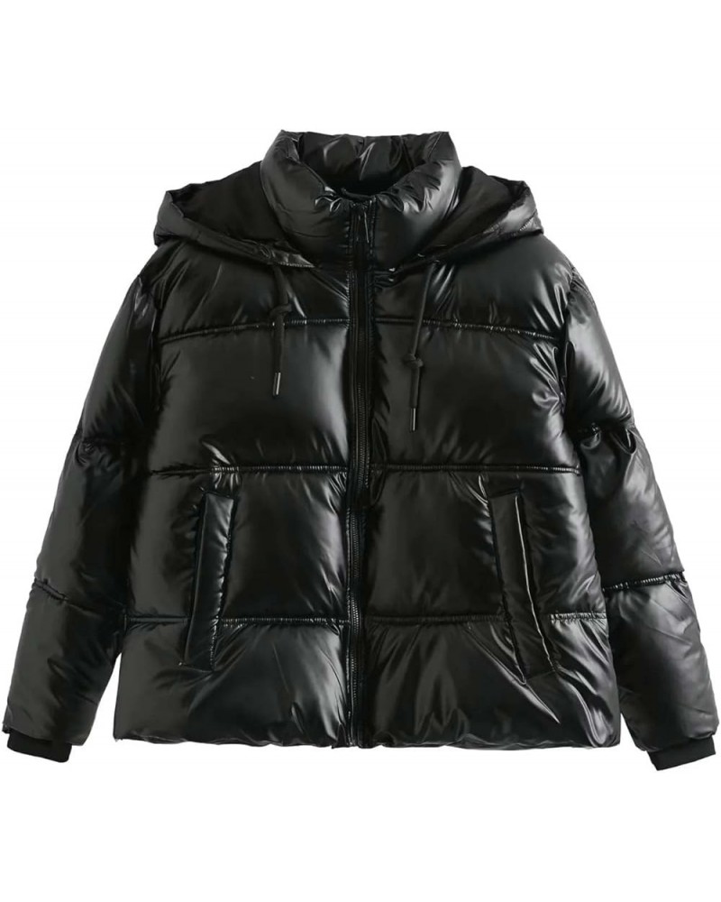 Women Quilted Shiny Puffer Jacket Hood Drawstring Metallic Coat Winter Warm Zip Long Sleeve Bubble Coats Padded Tops Black $3...