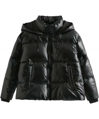 Women Quilted Shiny Puffer Jacket Hood Drawstring Metallic Coat Winter Warm Zip Long Sleeve Bubble Coats Padded Tops Black $3...