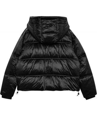 Women Quilted Shiny Puffer Jacket Hood Drawstring Metallic Coat Winter Warm Zip Long Sleeve Bubble Coats Padded Tops Black $3...