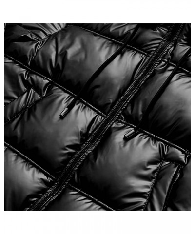 Women Quilted Shiny Puffer Jacket Hood Drawstring Metallic Coat Winter Warm Zip Long Sleeve Bubble Coats Padded Tops Black $3...