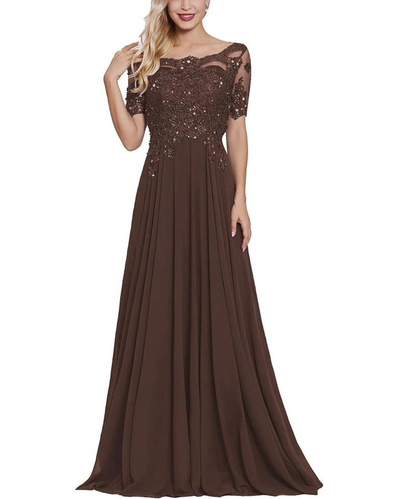 Women's Long Lace Mother of The Bride Dresses with Sleeves Bateau Chiffon Maxi Formal Evening Gowns Brown $39.74 Dresses