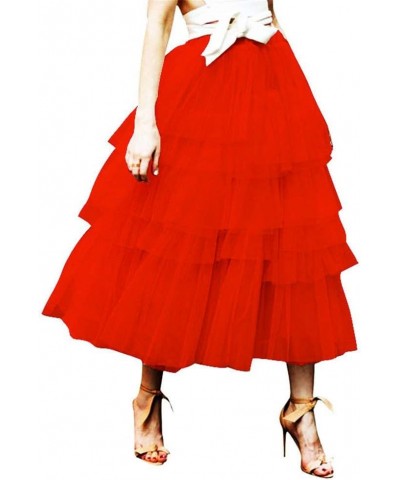 Women's Elastic Waist Tiered Layered Mesh Tulle Tutu A-line Midi Skirt Orange Red $20.24 Skirts